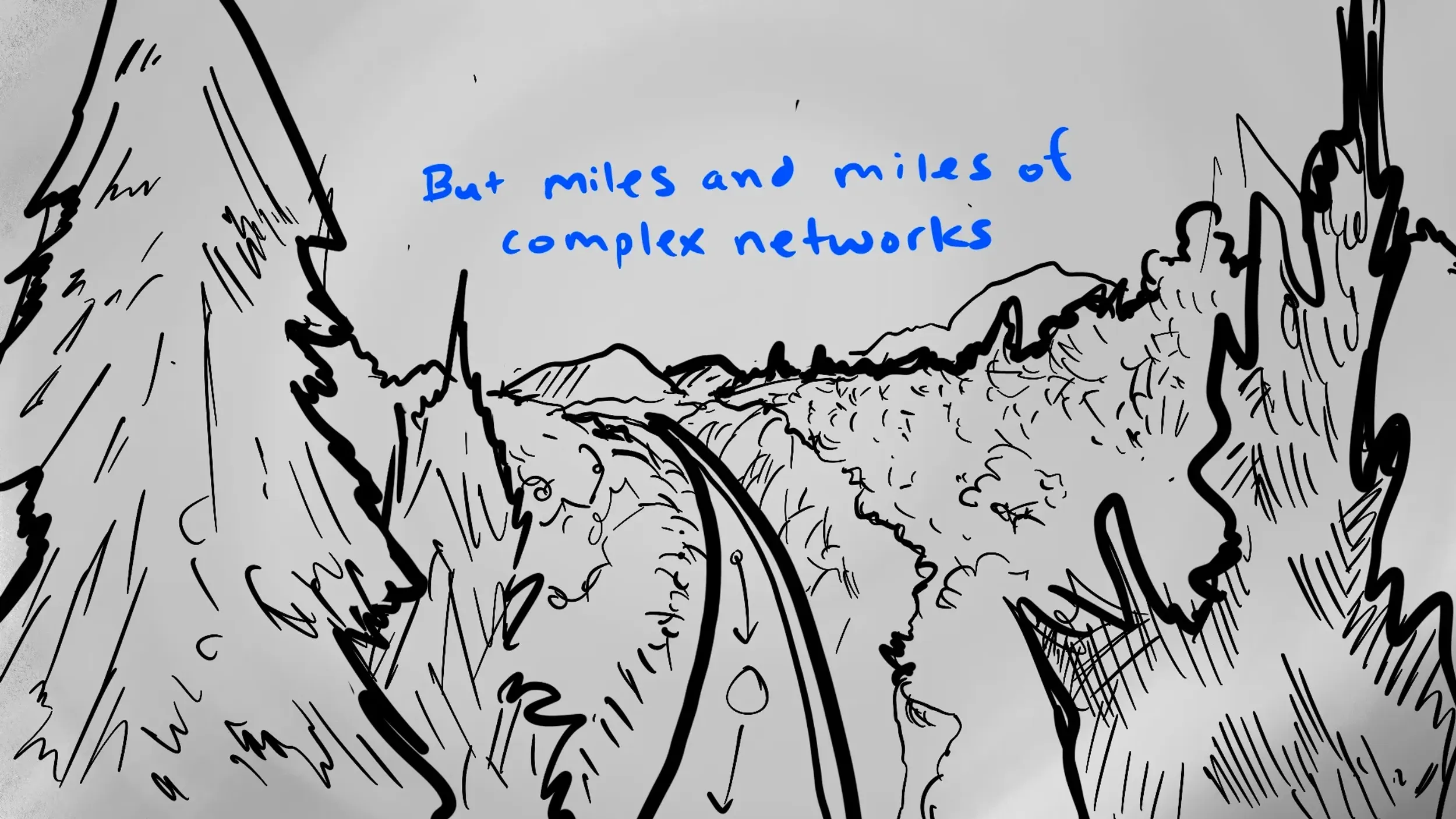 Sketch-style terrain backdrop with highlighted buried pipeline and caption “make maintaining pipeline integrity challenging,” by Motion Giraffx.
