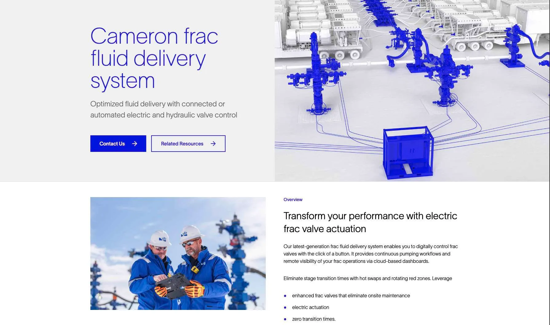 SLB Cameron frac fluid delivery system product page showing 3D rendered blue valve equipment and electric actuation overview