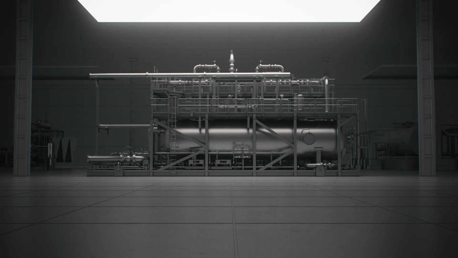 Dark scene of industrial processing equipment before OptiSite illumination showing darkness metaphor by Motion Giraffx