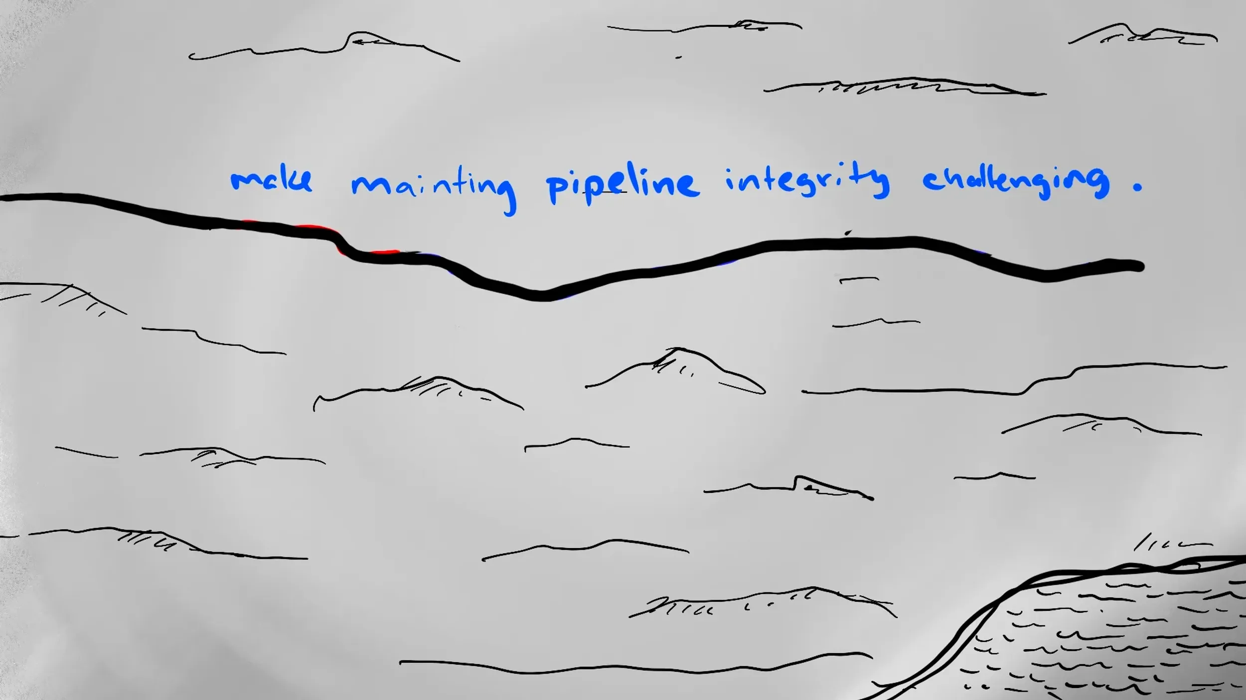 Hand-drawn forest landscape with hidden pipeline and text “But miles and miles of complex networks,” illustrating pipeline complexity by Motion Giraffx.