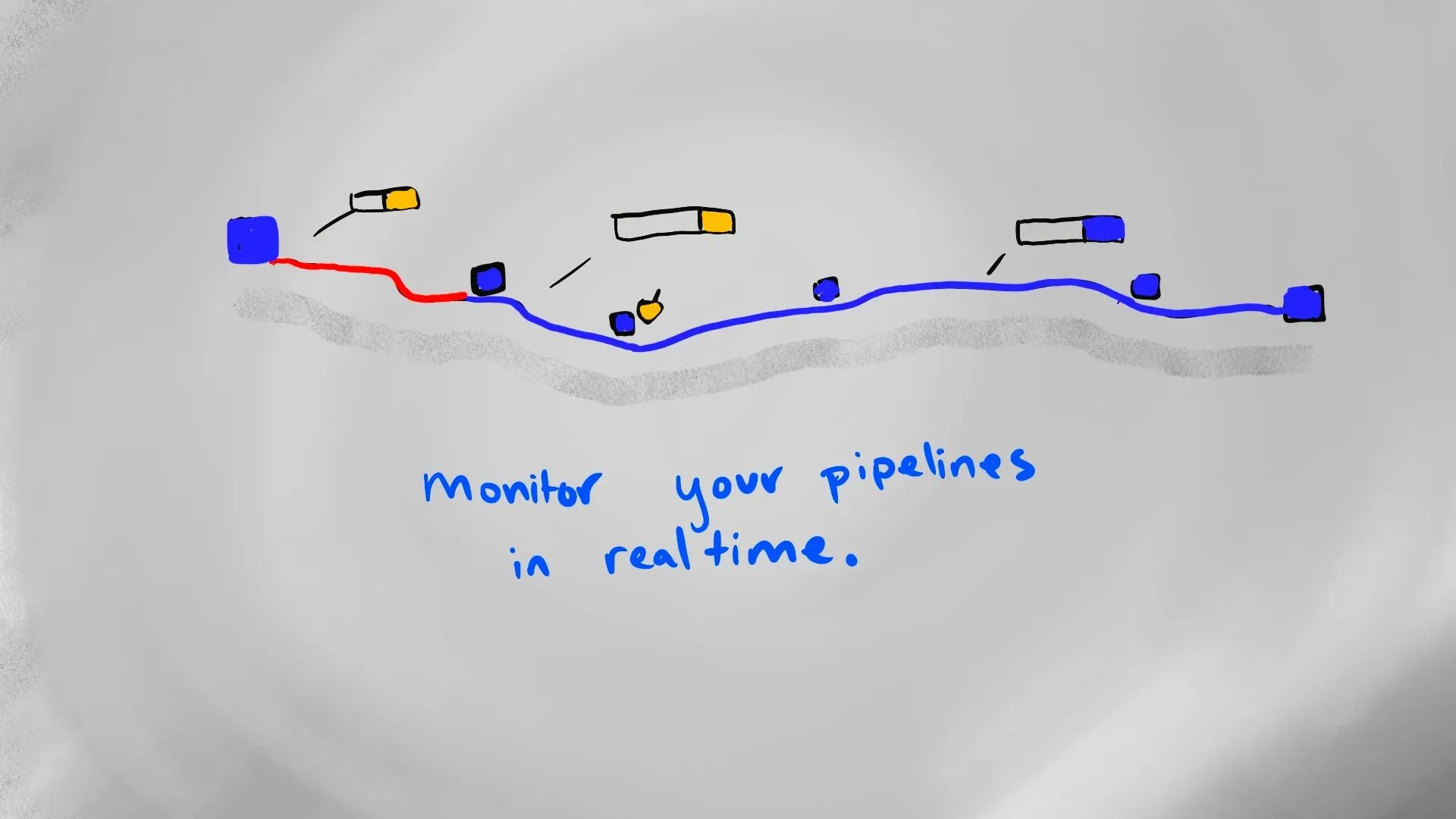 Storyboard frame with hand-sketched text "monitor your pipelines in real time," showcasing real-time pipeline monitoring in Schlumberger explainer by Motion Giraffx.