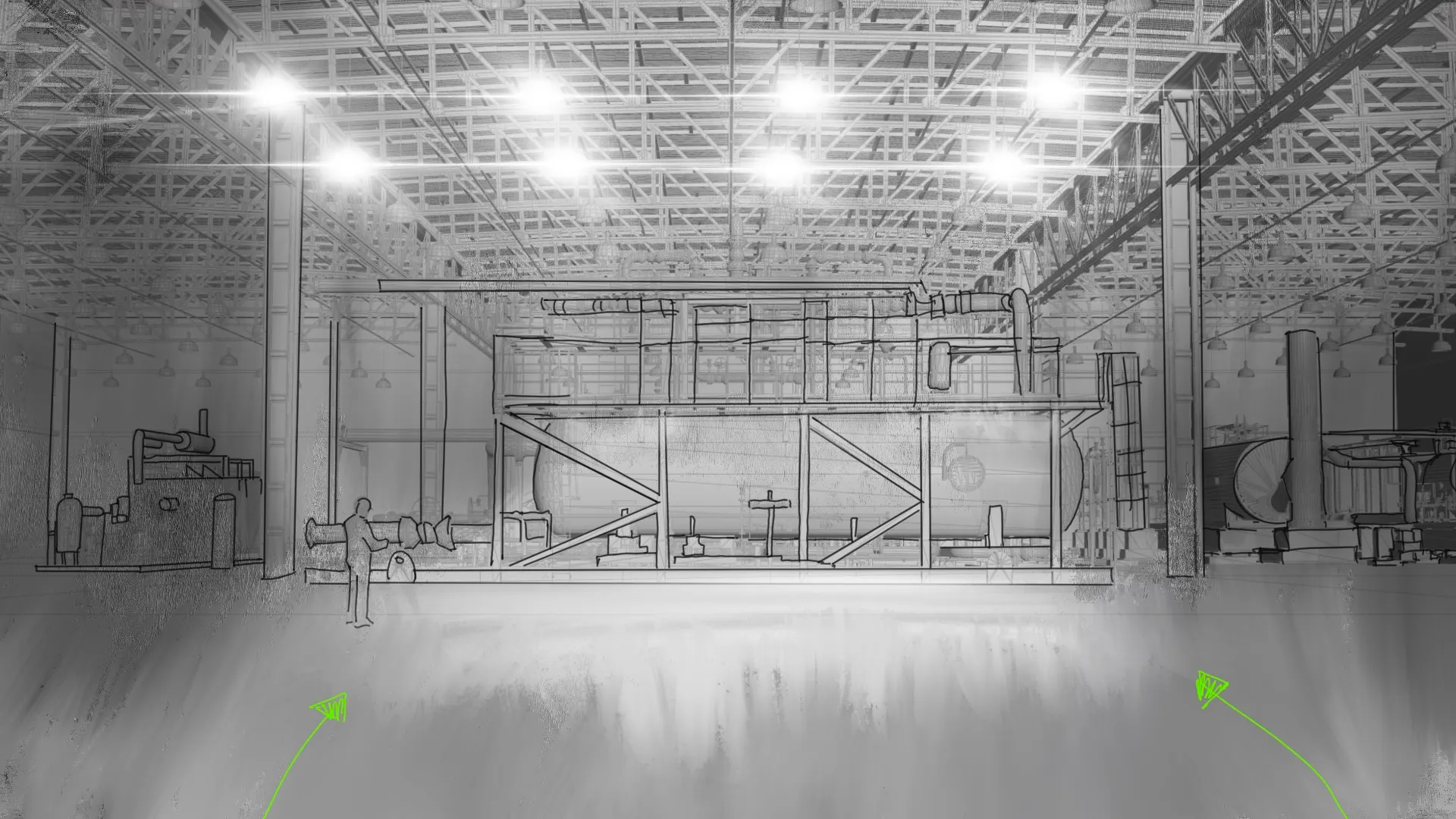 Warehouse sketch with green solution arrows illuminating industrial equipment assets by Motion Giraffx