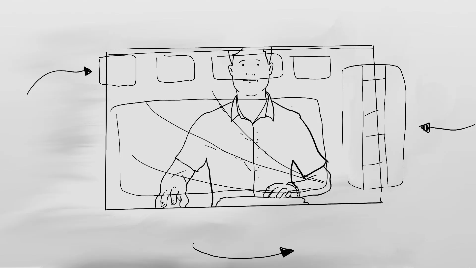 Storyboard sketch of engineer at multi-screen monitoring workstation for Performance Live by Motion Giraffx