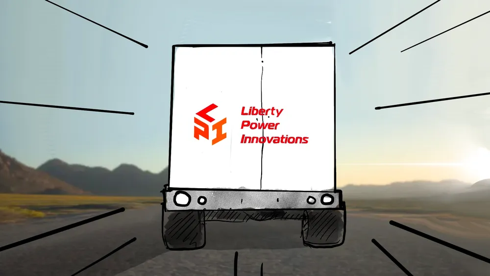 Liberty mobile generator trailer on highway delivering remote power by Motion Giraffx