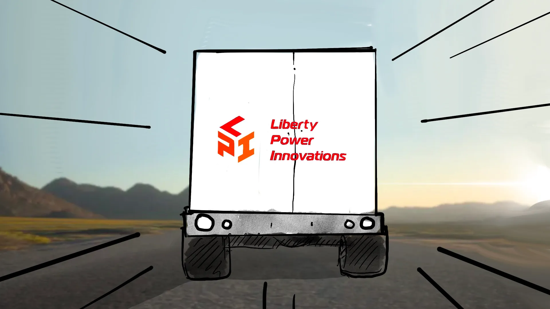 Liberty mobile generator trailer on highway delivering remote power by Motion Giraffx