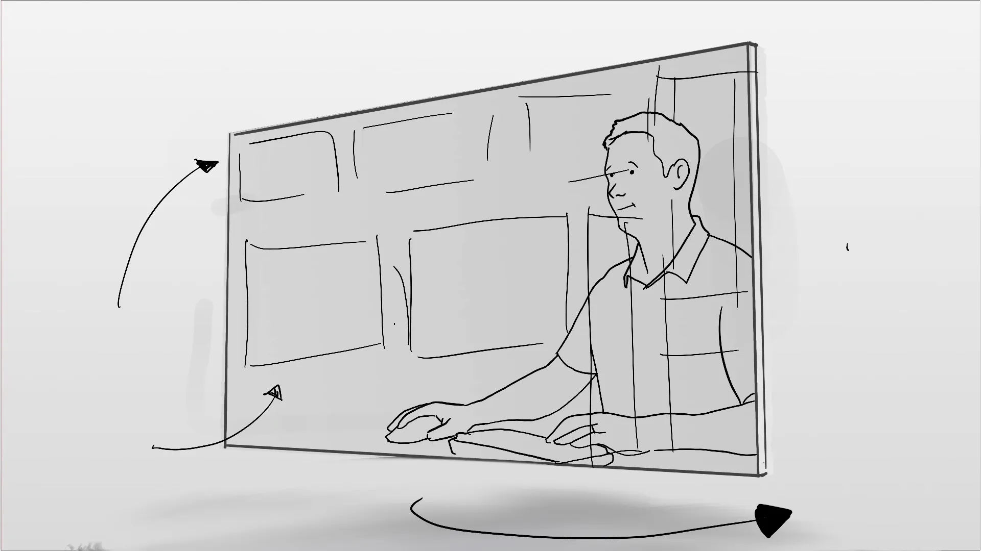 Storyboard sketch of engineer at computer workstation with headset for remote support by Motion Giraffx