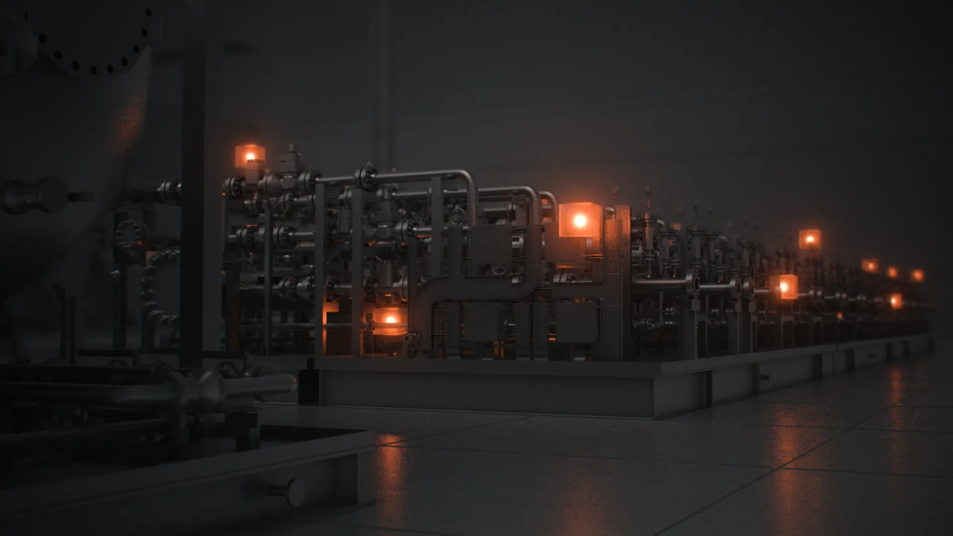 Industrial equipment in darkness with orange alert indicators and red warning symbols by Motion Giraffx