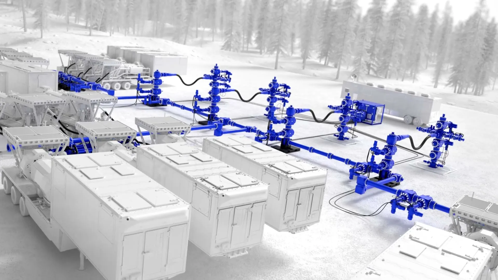 3D render of full SLB Cameron frac pad with blue wellhead assemblies and integrated piping against snow-white terrain and frosted forest by Motion Giraffx