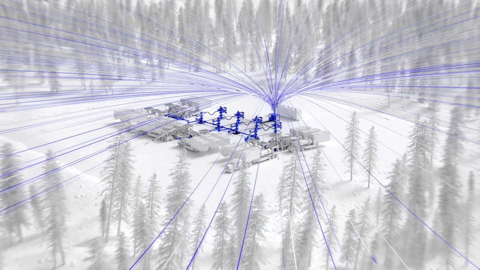 Aerial 3D render of SLB Cameron frac pad with blue telemetry lines radiating through frosted forest showing cloud-connected monitoring by Motion Giraffx