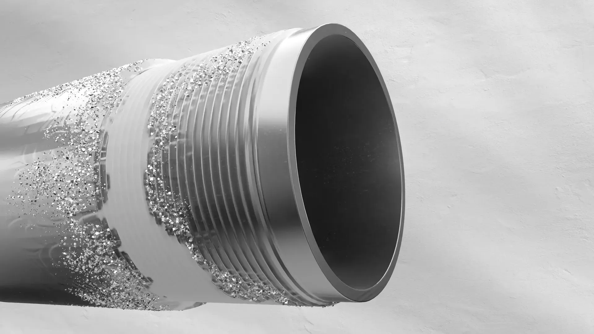 Threaded end of the pipe with diamond coating around the threads, from the SLB Deka 3D animation by Motion Giraffx