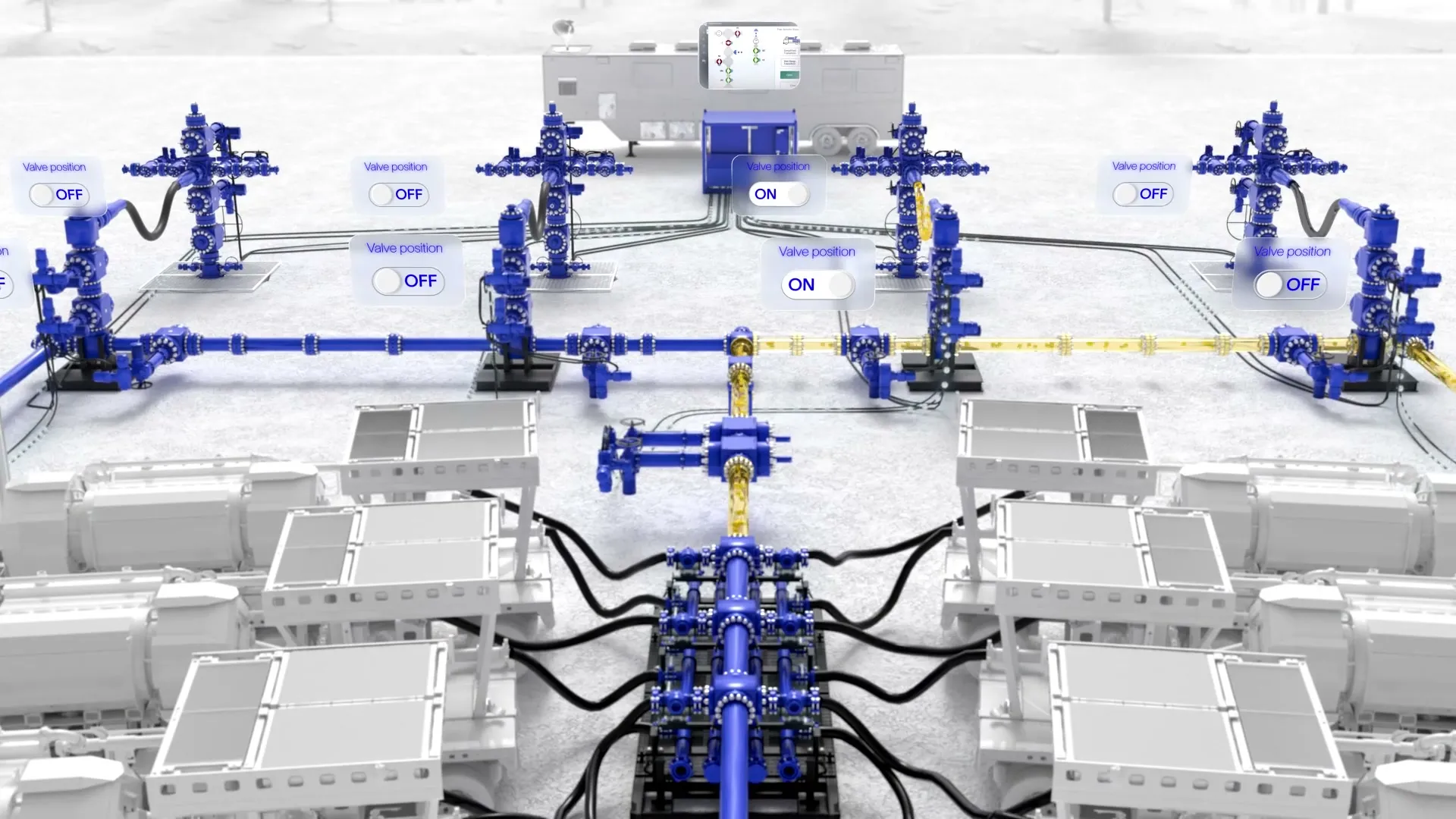 3D render of SLB Cameron frac pad with valve position ON and OFF toggles showing well-to-well flow and central monitoring controller by Motion Giraffx