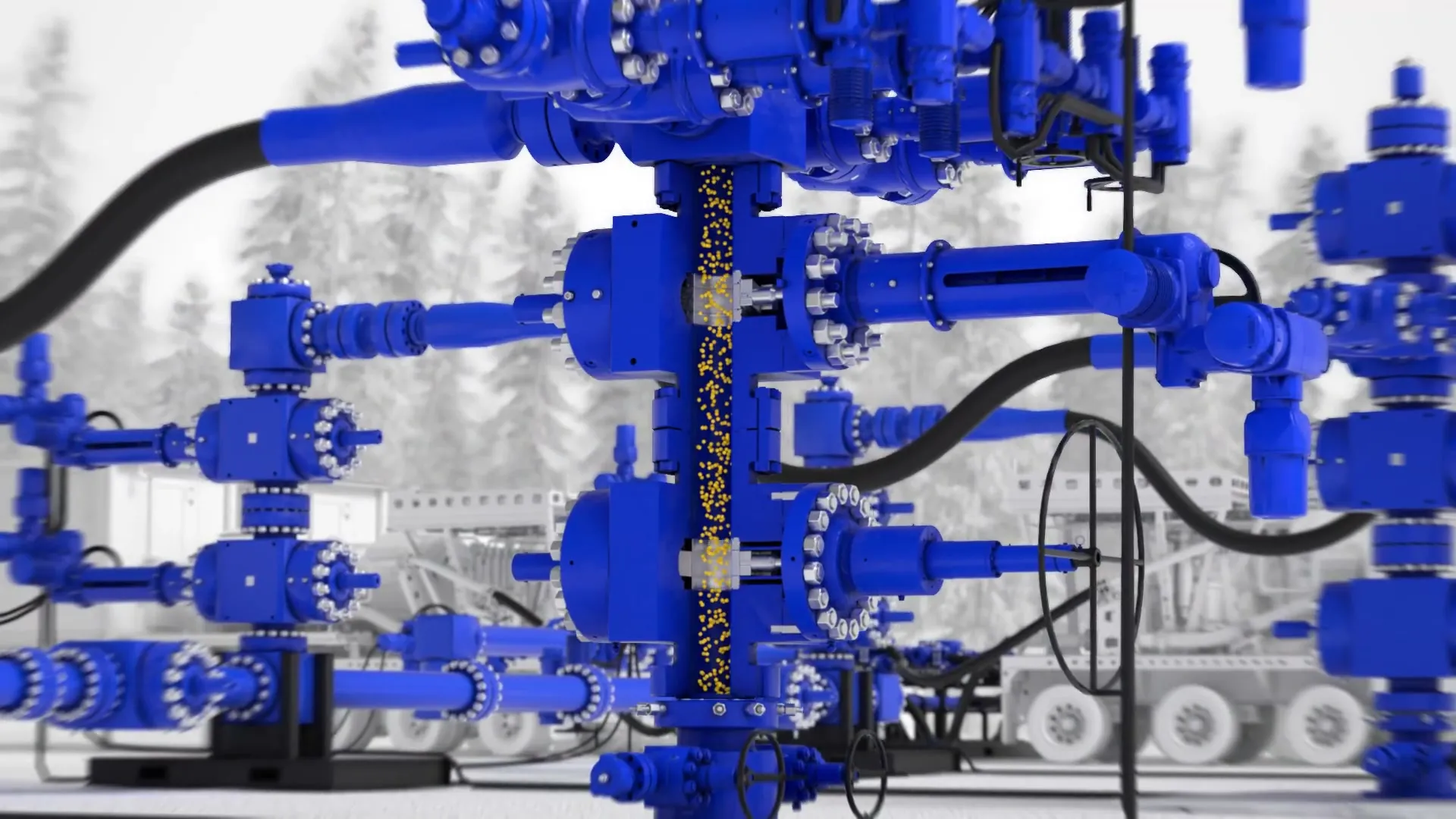 Macro 3D render of SLB Cameron electric valve assembly with golden sand particles flowing through transparent cutaway by Motion Giraffx