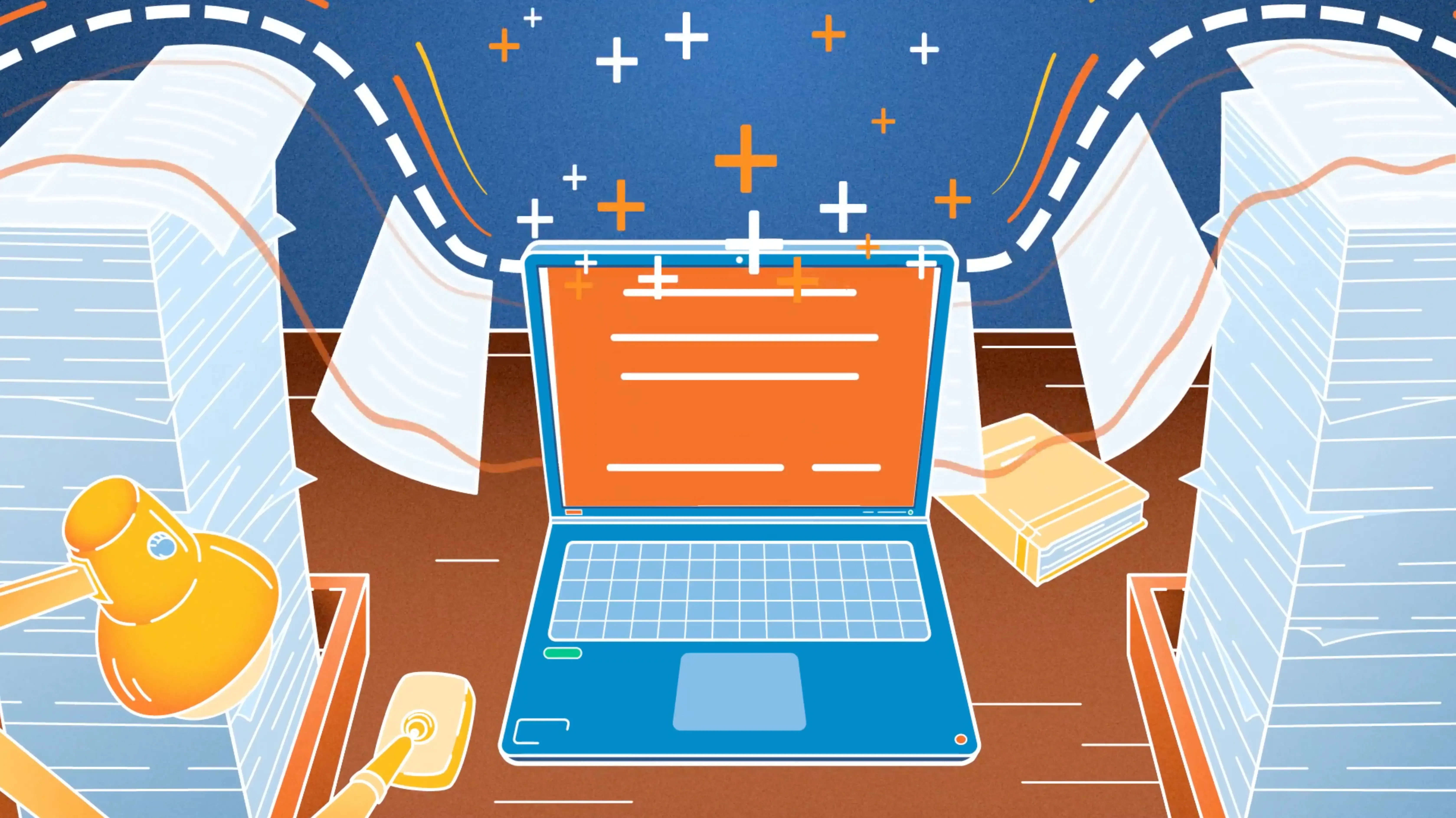 ANICO FireLight™ illustration showing a laptop screen with animated forms and papers flying, symbolizing streamlined digital annuity submissions.