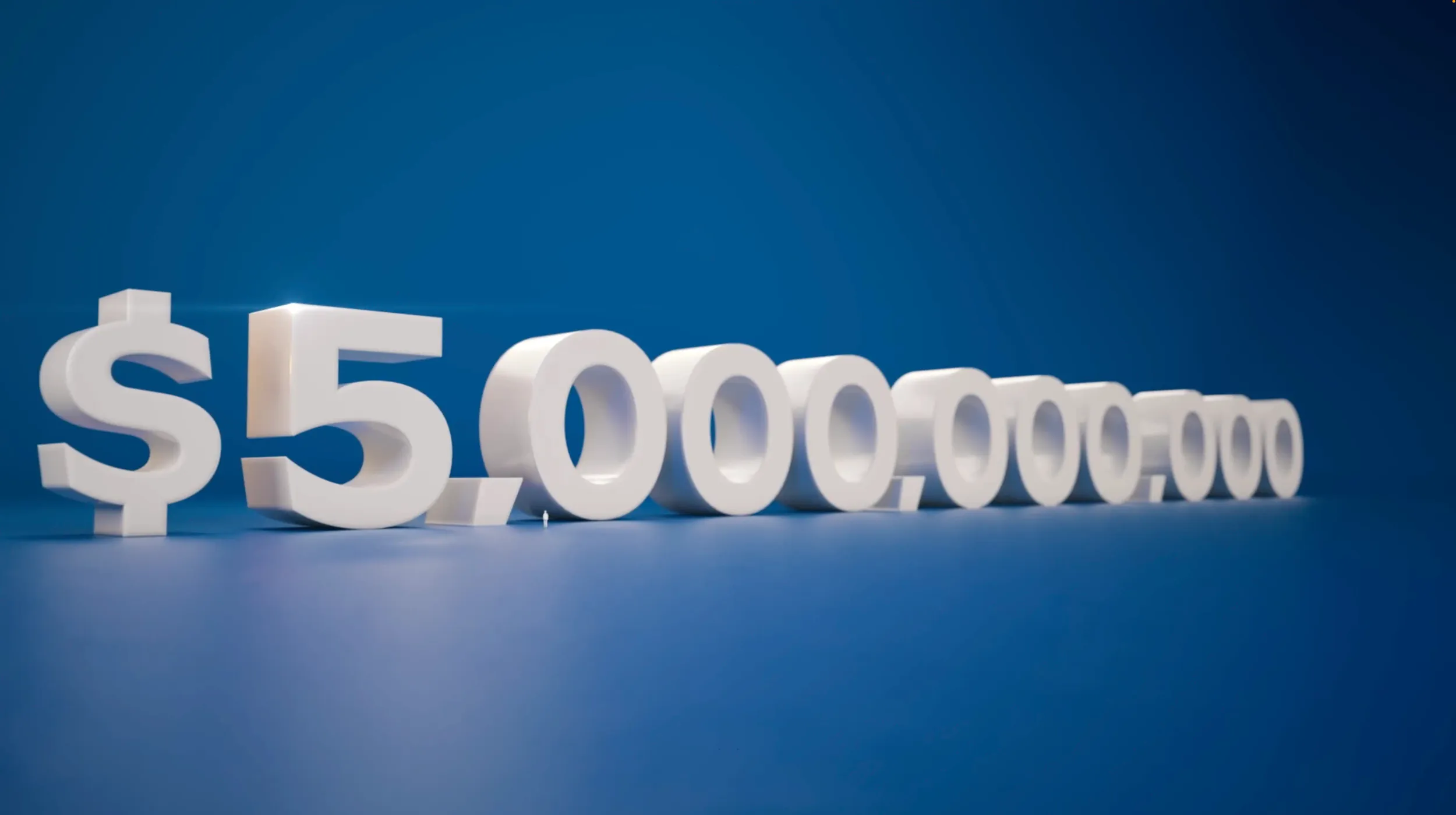 3D-rendered white “$5,000,000,000” text on a blue background illustrating ANICO’s $5 billion annuity sales in Motion Giraffx’s animated explainer video.