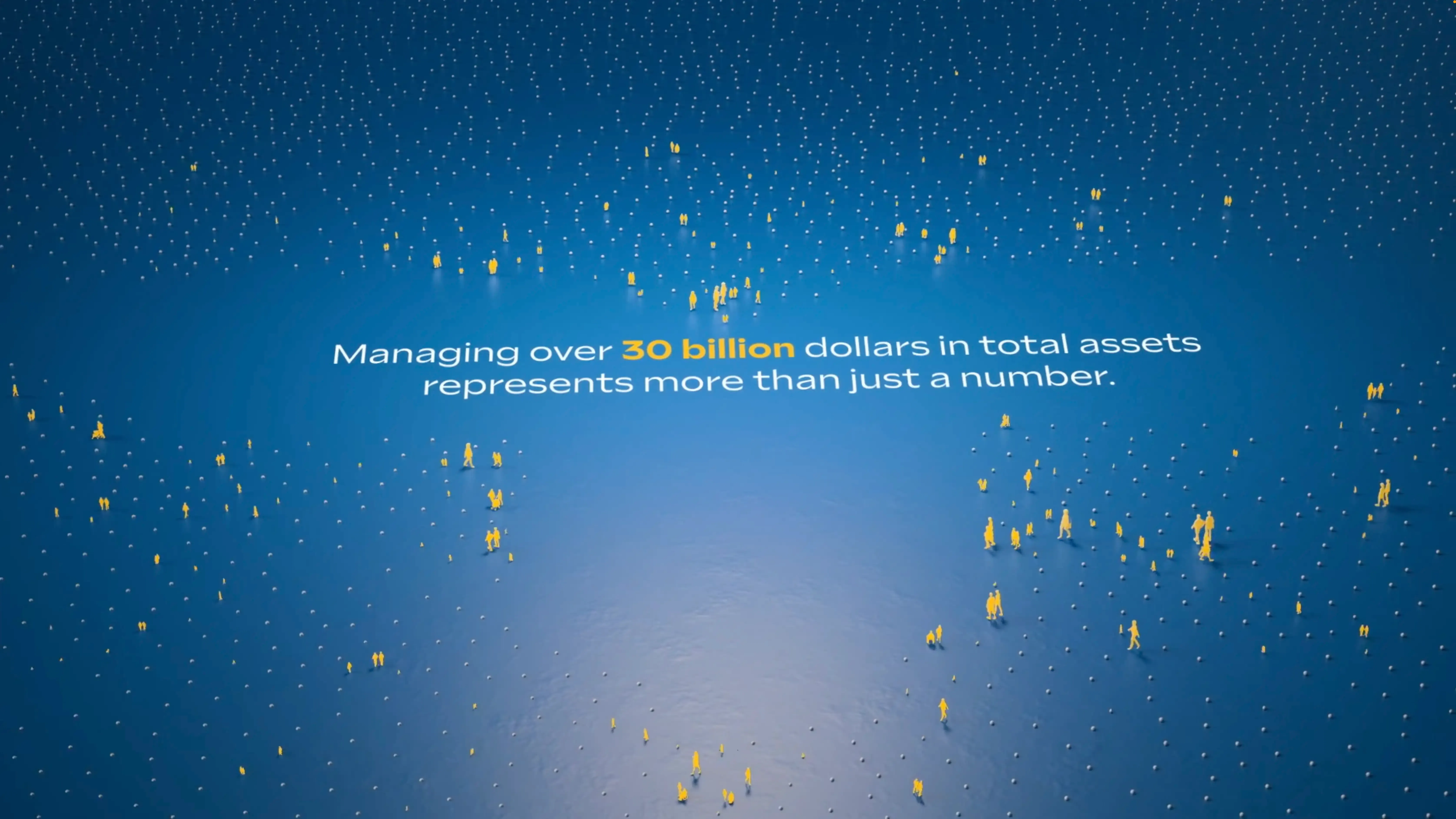 3D-rendered white text "Managing over 30 billion dollars in total assets represents more than just a number" surrounded by hundreds of tiny yellow wireframe figures on a blue background, illustrating ANICO's asset scale in Motion Giraffx's animated explainer video.