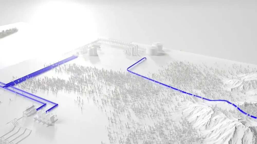3D white-rendered landscape with blue pipeline route traversing forest, mountains, offshore platform, and storage tanks.