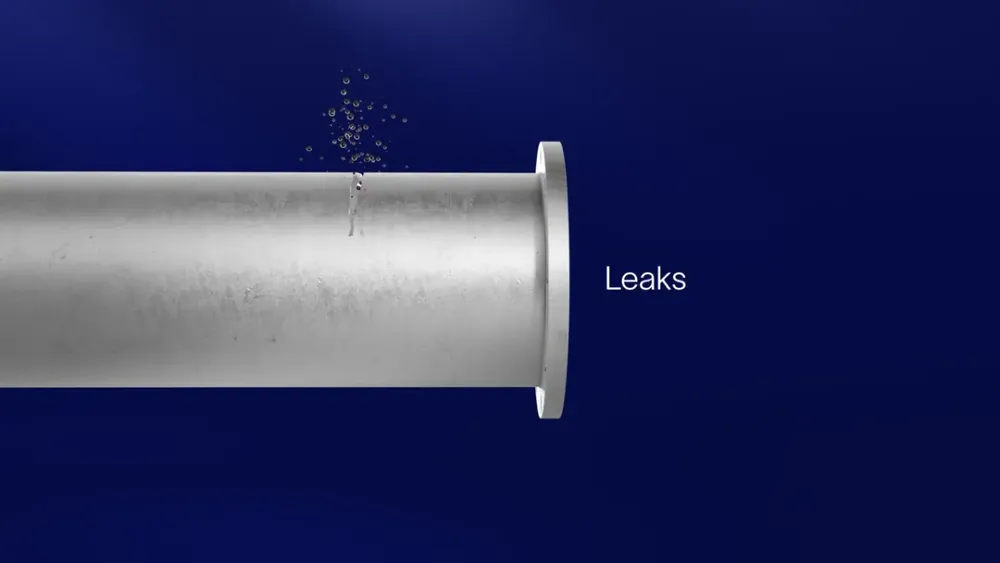 Silver pipeline segment leaking bubbles on dark blue background labeled Leaks to illustrate leak detection.