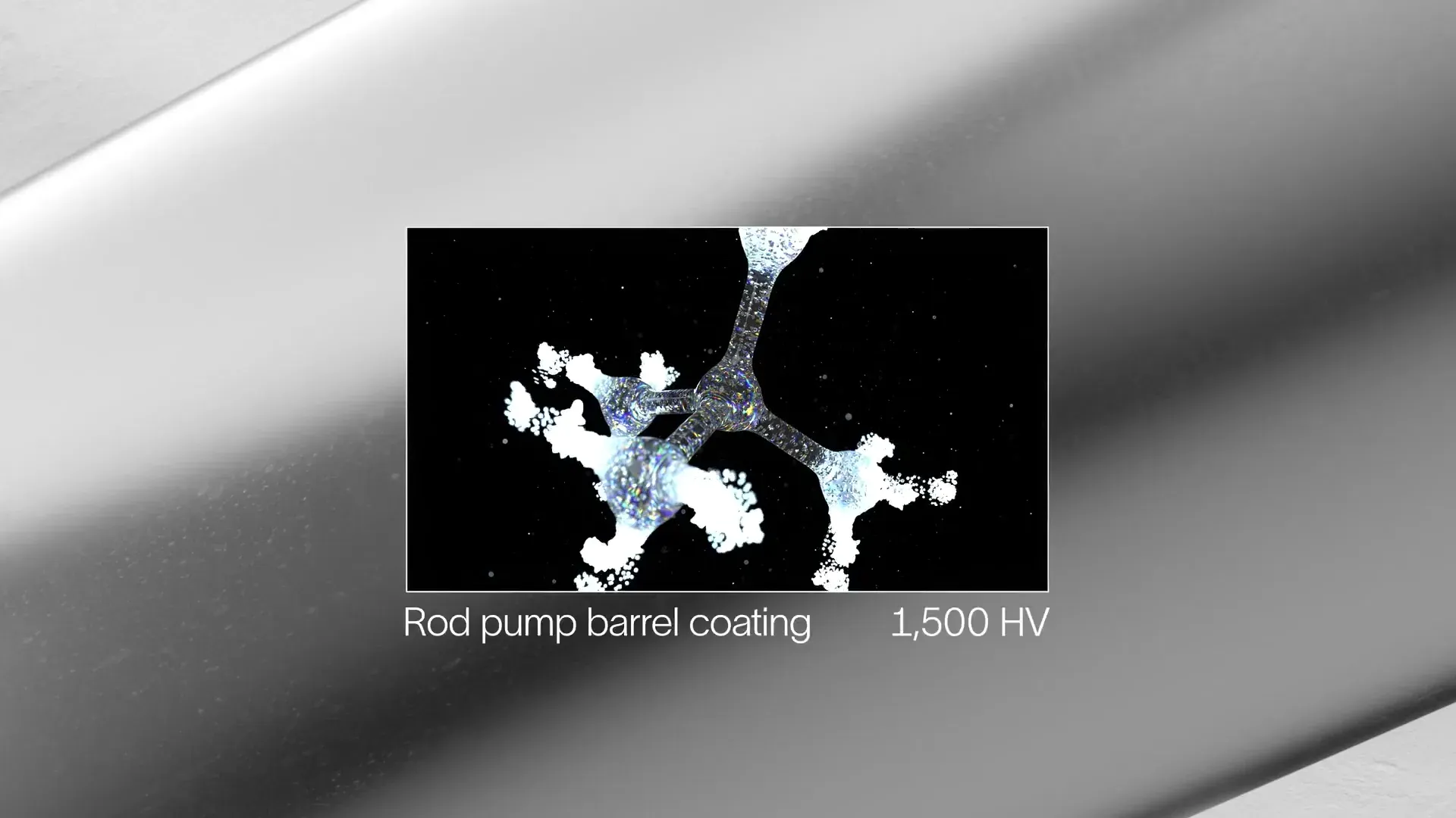 Magnified view of the diamond coating, a black inset showing glassy crystal shapes and white particles, labeled "Rod pump barrel coating" and "1,500 HV," from the SLB Deka 3D animation by Motion Giraffx