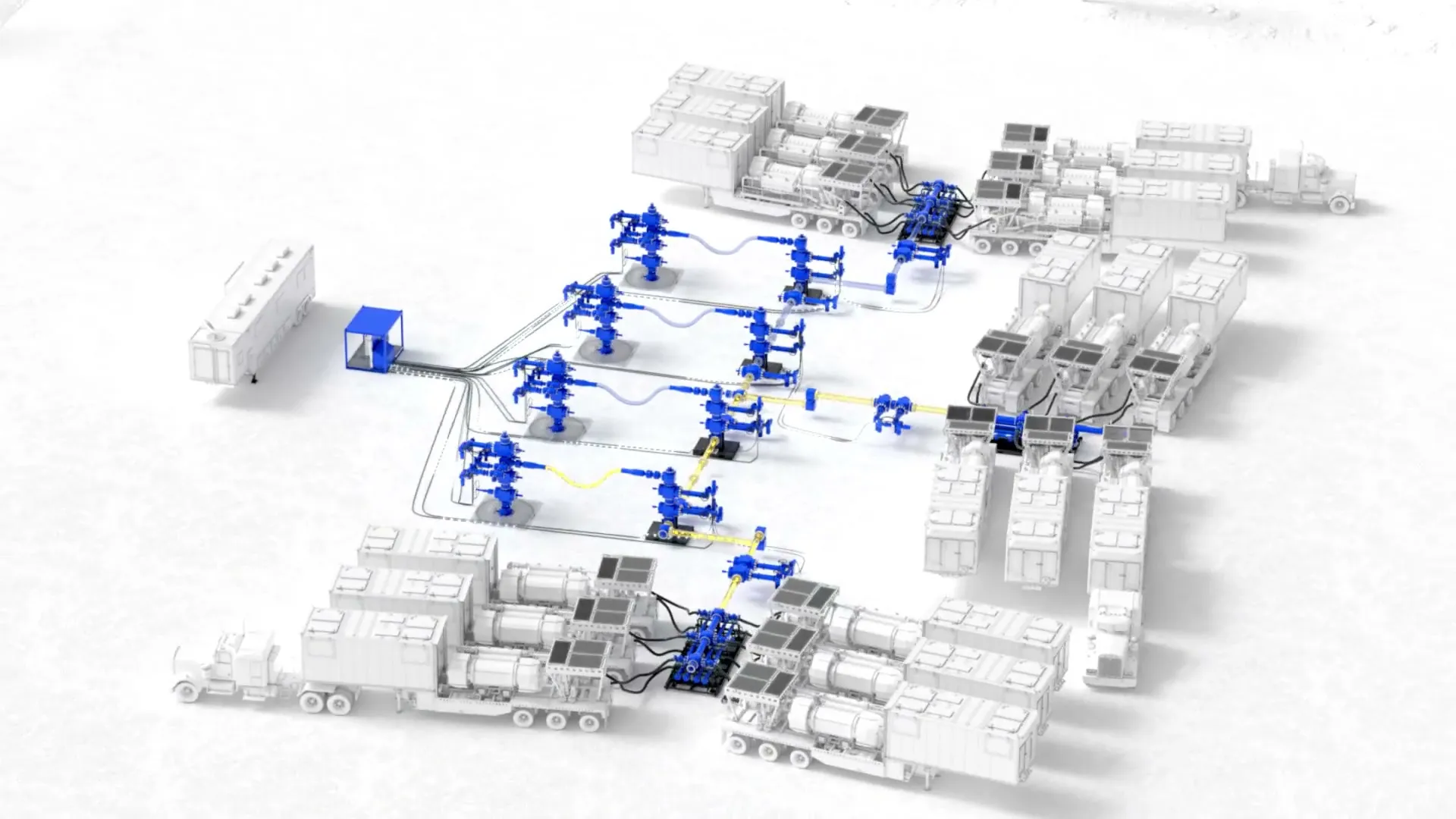 Overhead 3D render of full SLB Cameron frac pad topology with blue wellheads, manifolds, and pump trucks showing modular layout by Motion Giraffx