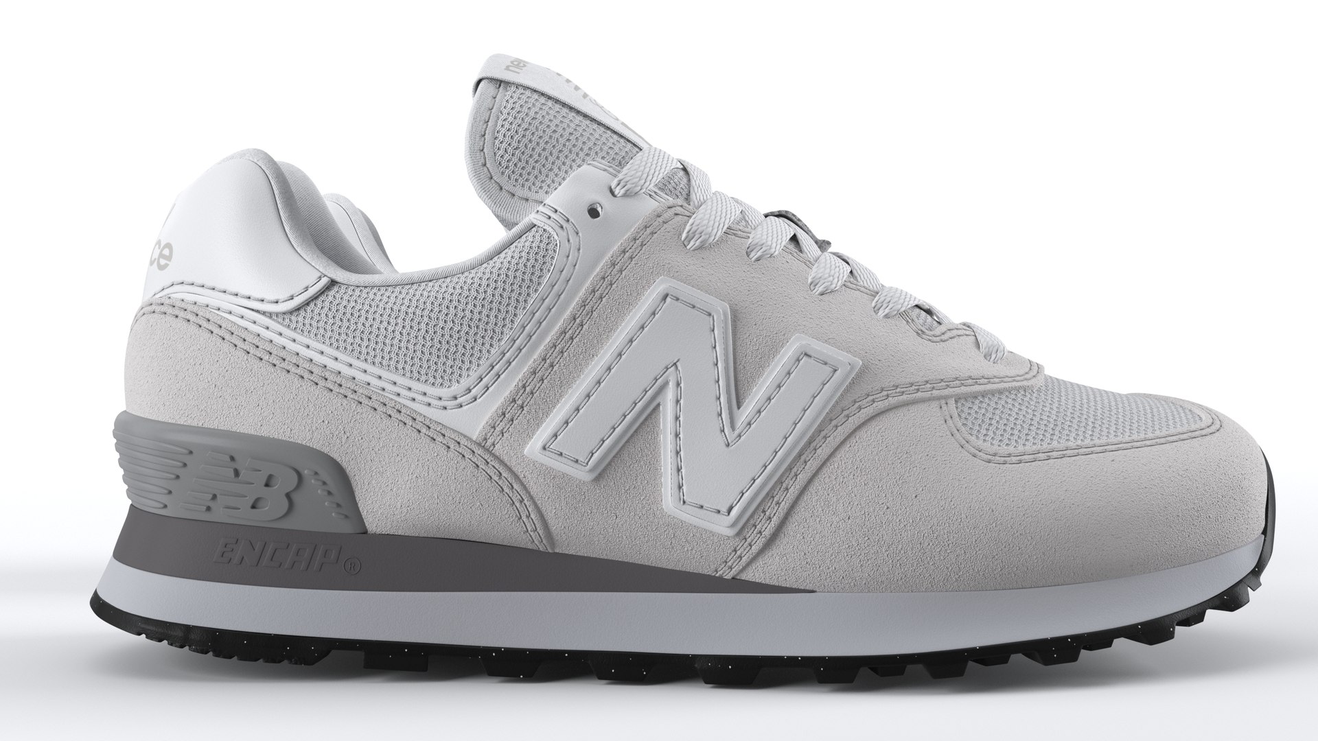 Final photorealistic 3D render of the same New Balance 574 sneaker with full material detail