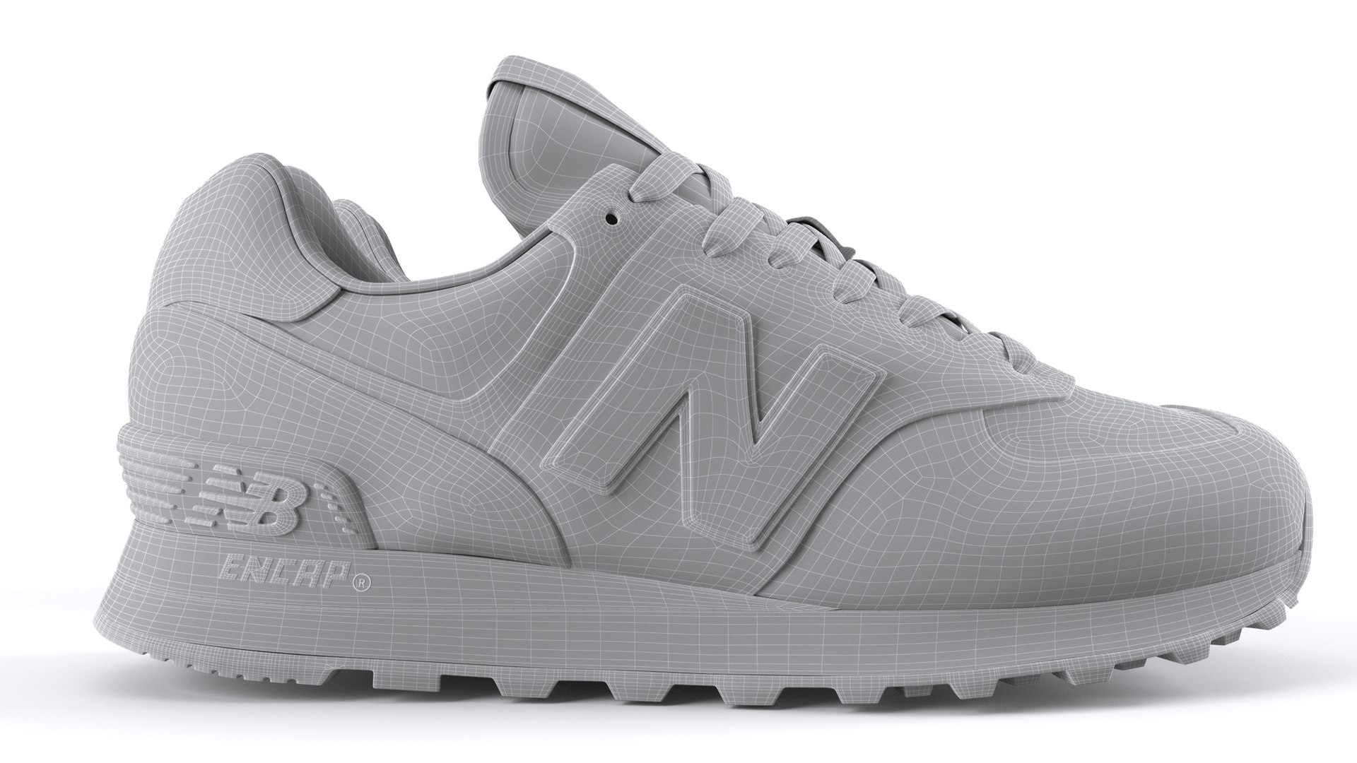 3D wireframe mesh of a New Balance 574 sneaker showing polygon geometry