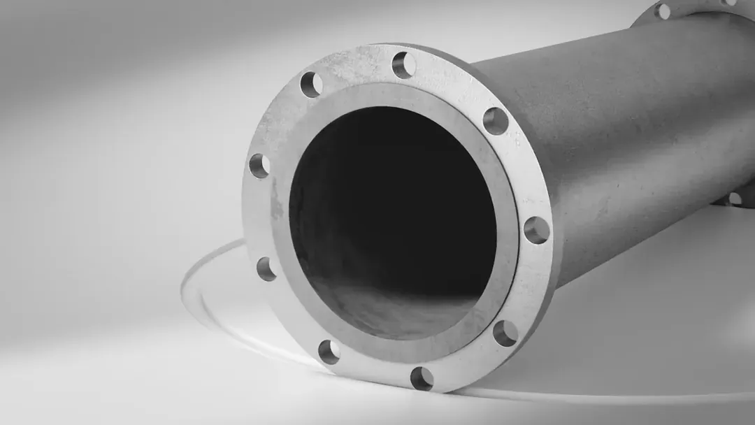 Close-up 3D render of a metallic pipeline flange showing interior opening and clean surface detail.