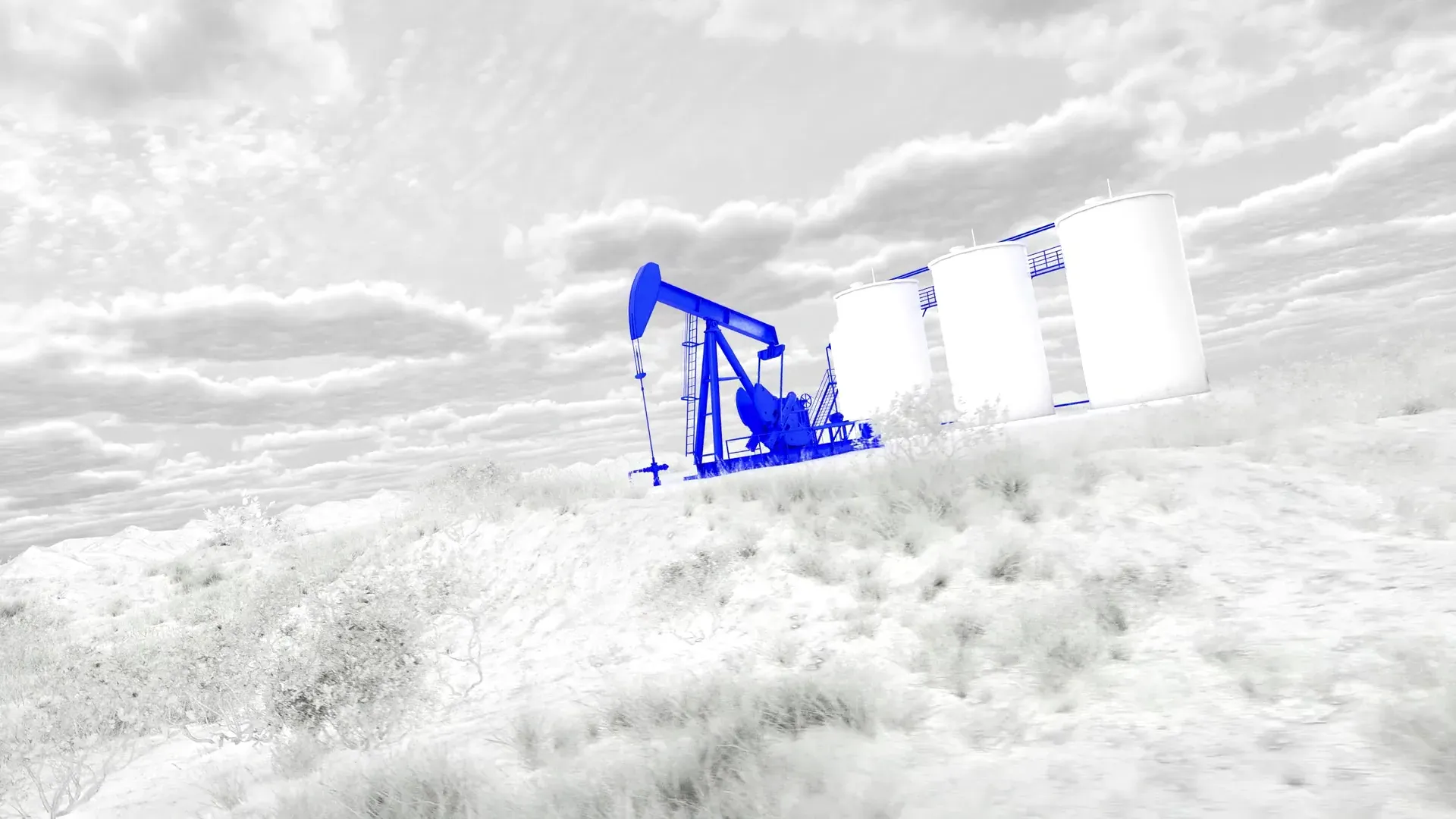 Blue pumpjack beside white storage tanks in a washed-out landscape, from the SLB Deka 3D animation by Motion Giraffx