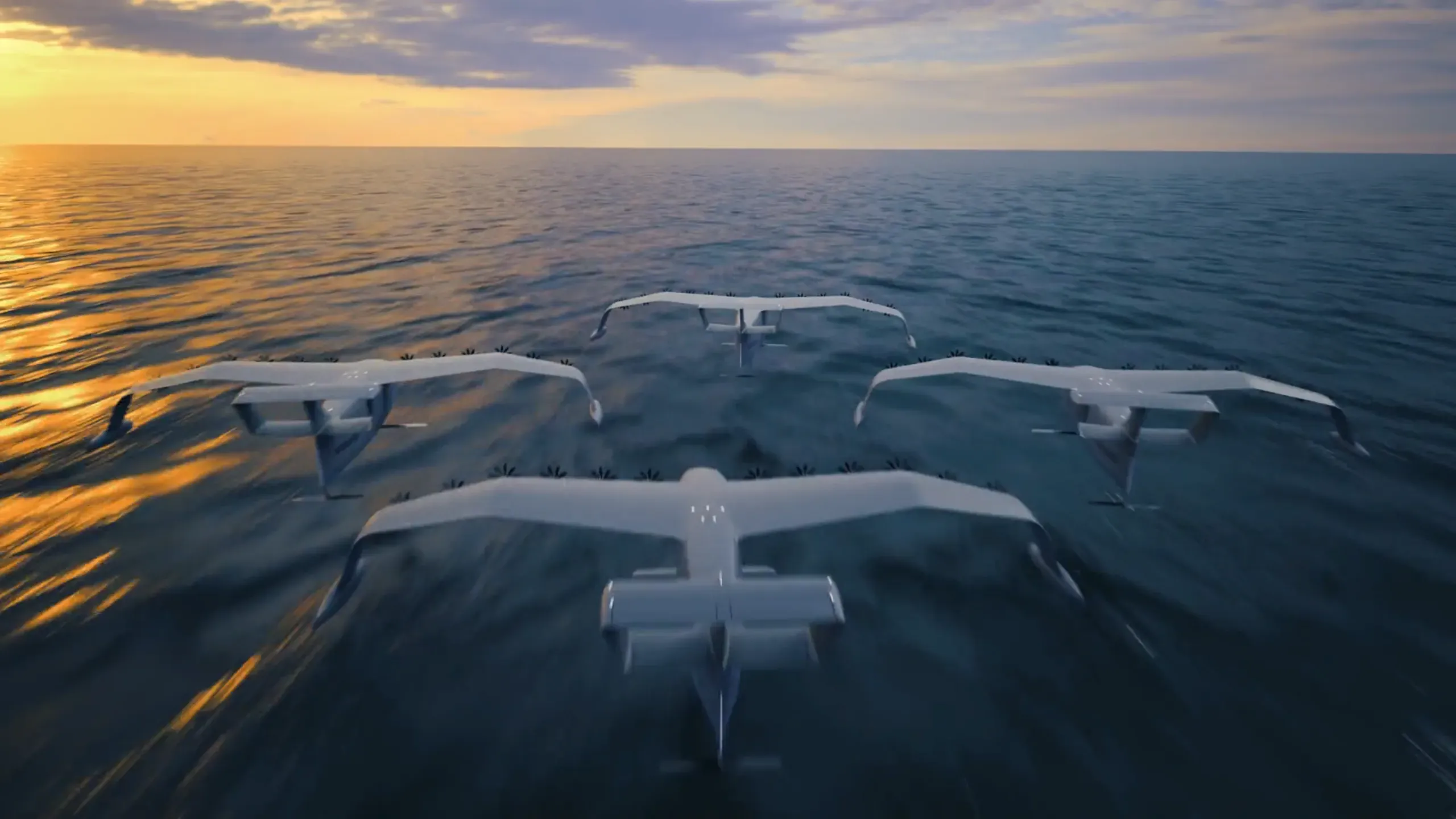 Frame from a Motion Giraffx 3D animation of Regent seagliders in formation over open water at sunset