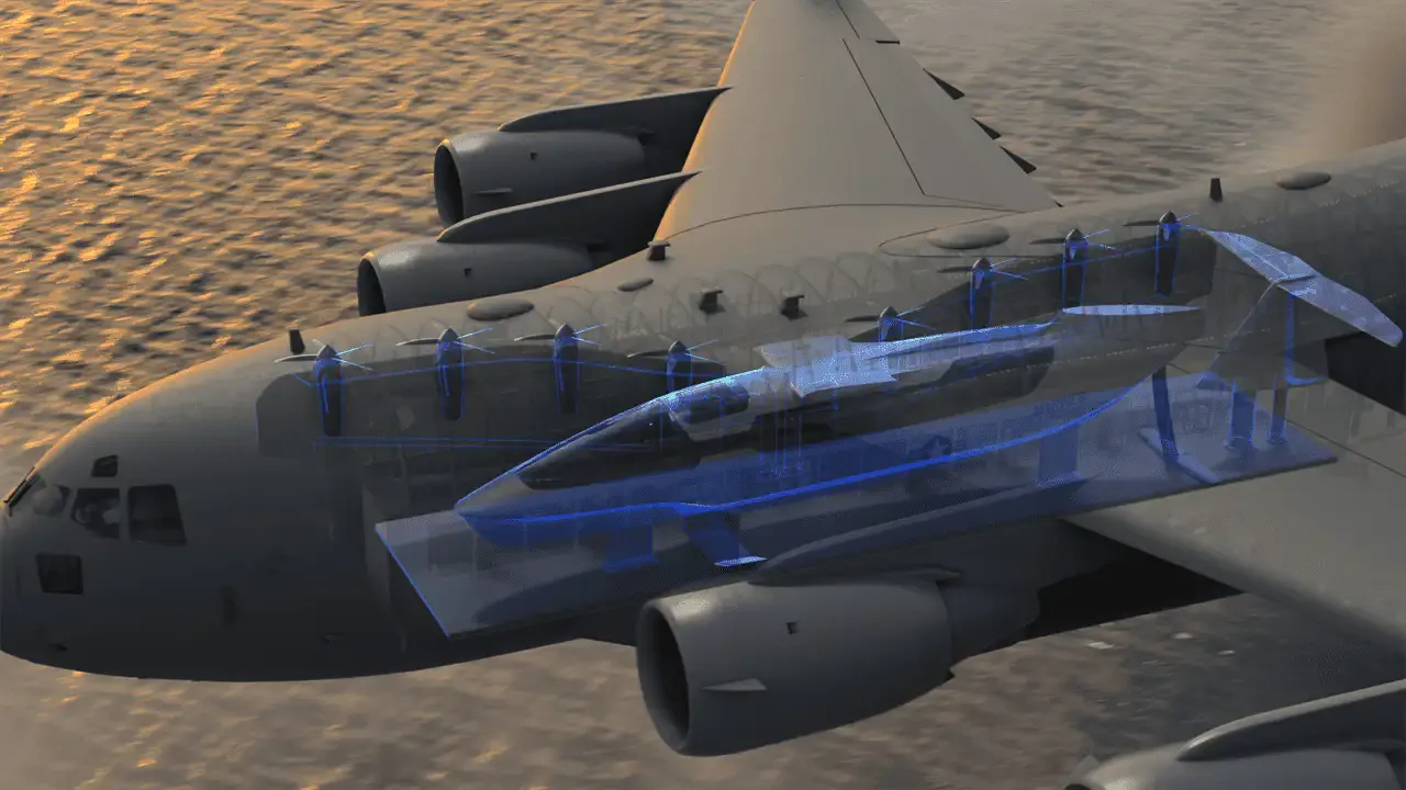 A Regent Seaglider being transported by a military cargo plane.