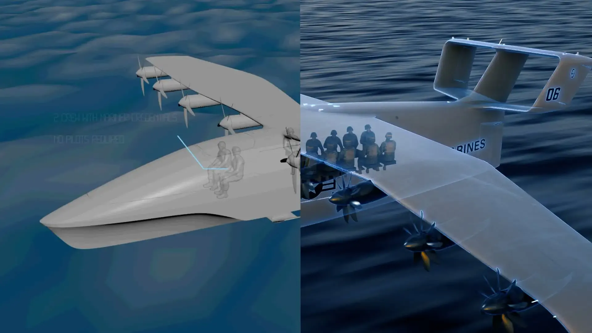 An animatic of a Regent Seagliders in flight with seated soldiers.