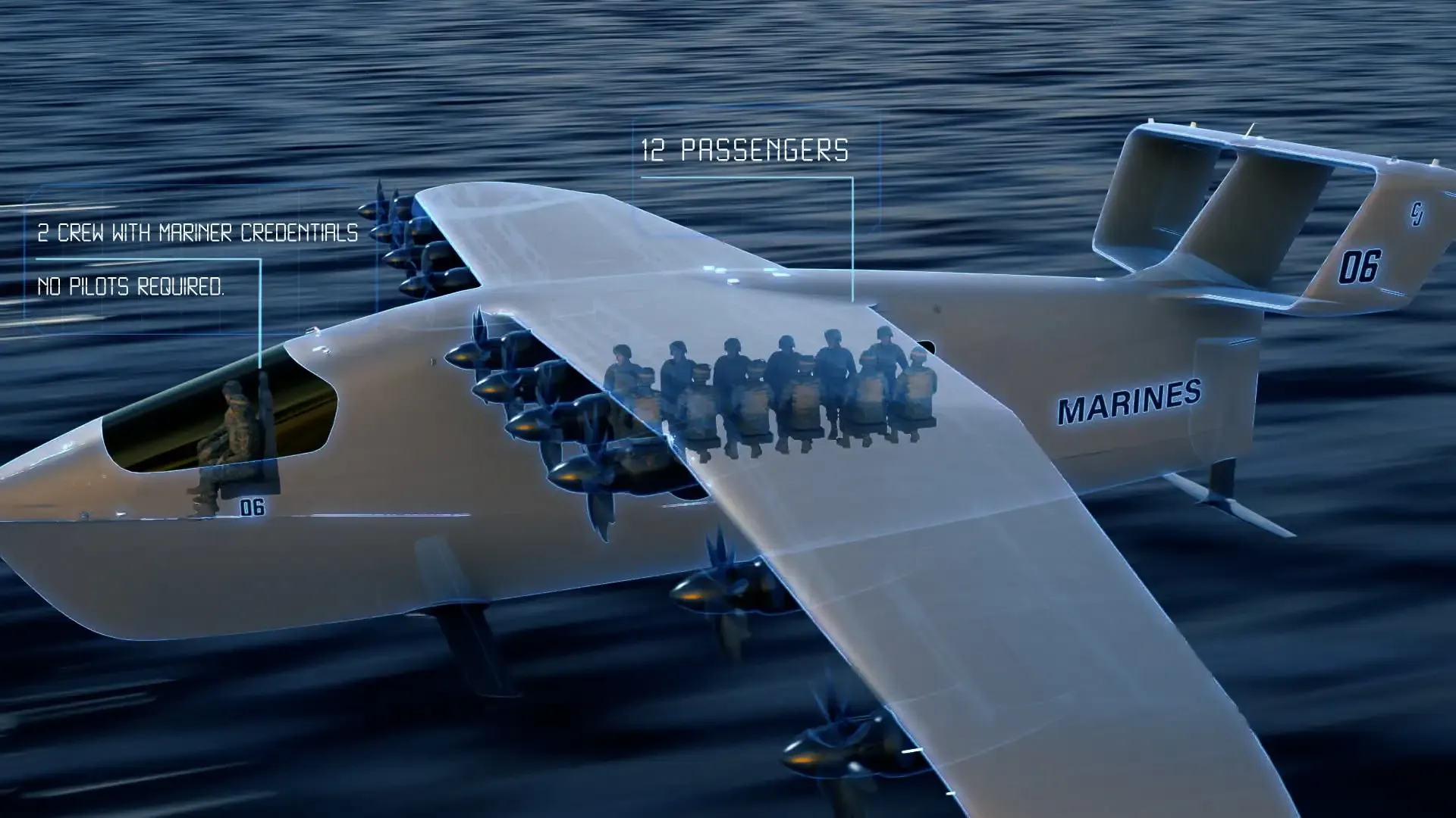 The final render of a Regent Seagliders in flight with seated soldiers.