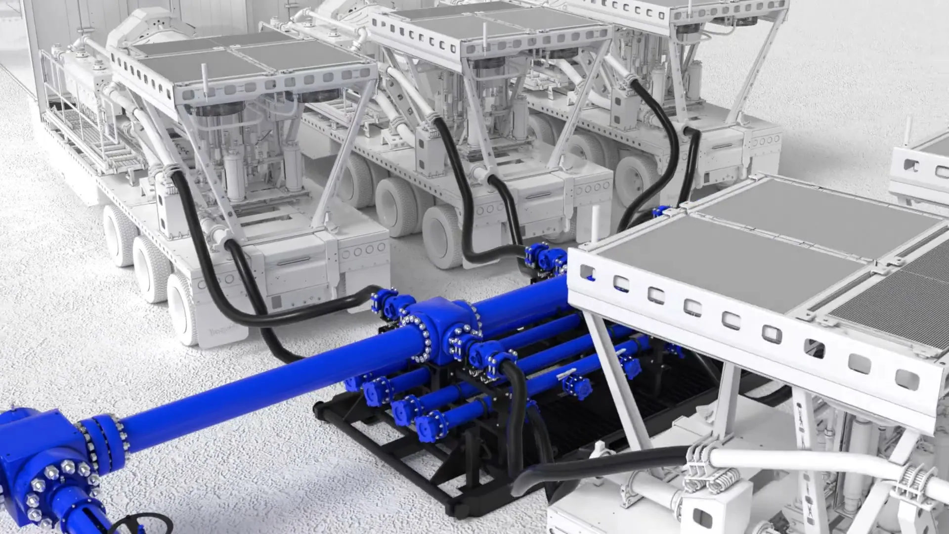 Close-up 3D render of blue Cameron valve manifold with pump truck connections and integrated piping on monochrome frac pad by Motion Giraffx