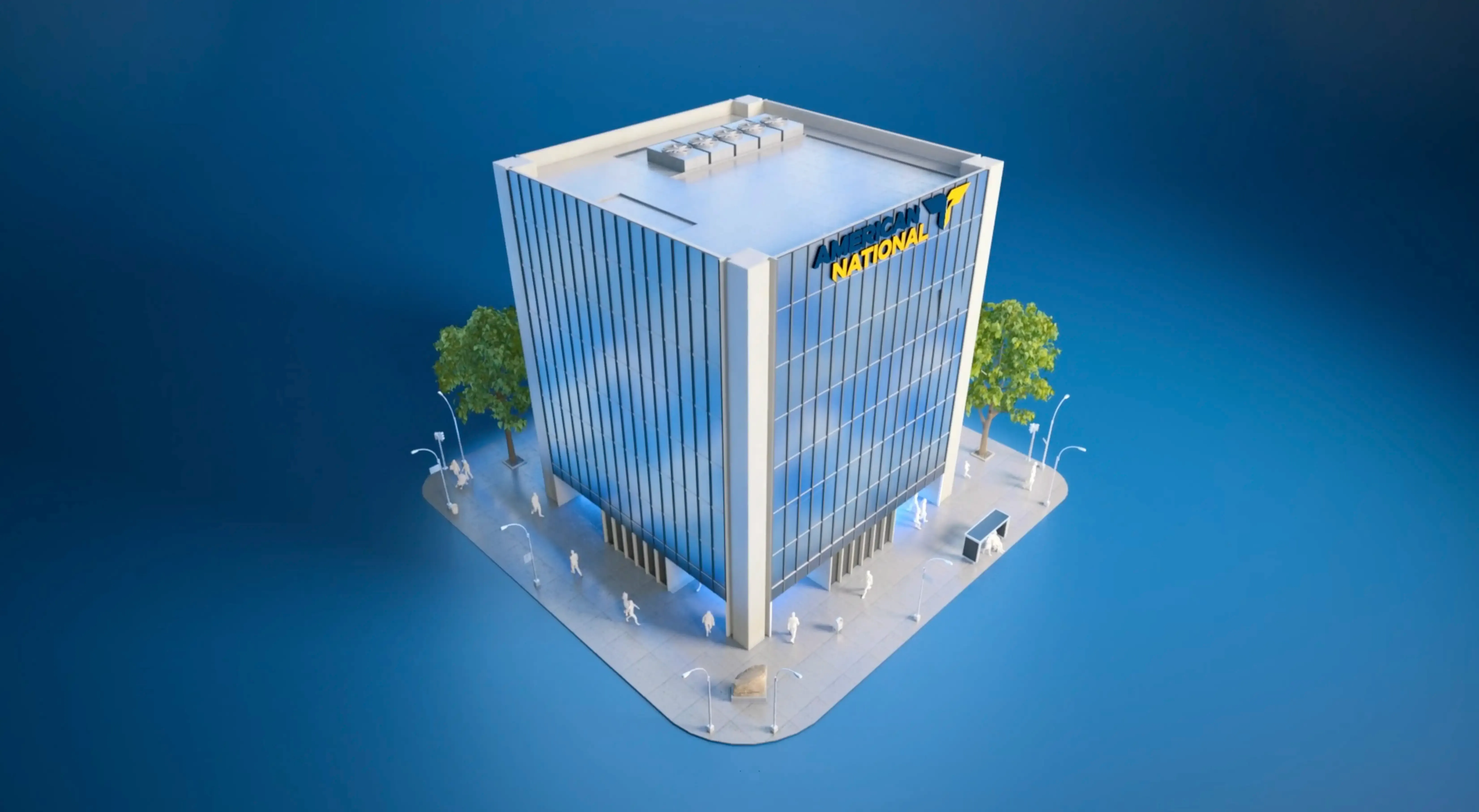 3D model of American National Insurance Company (ANICO) headquarters with reflective glass facades and branded logo by Motion Giraffx.