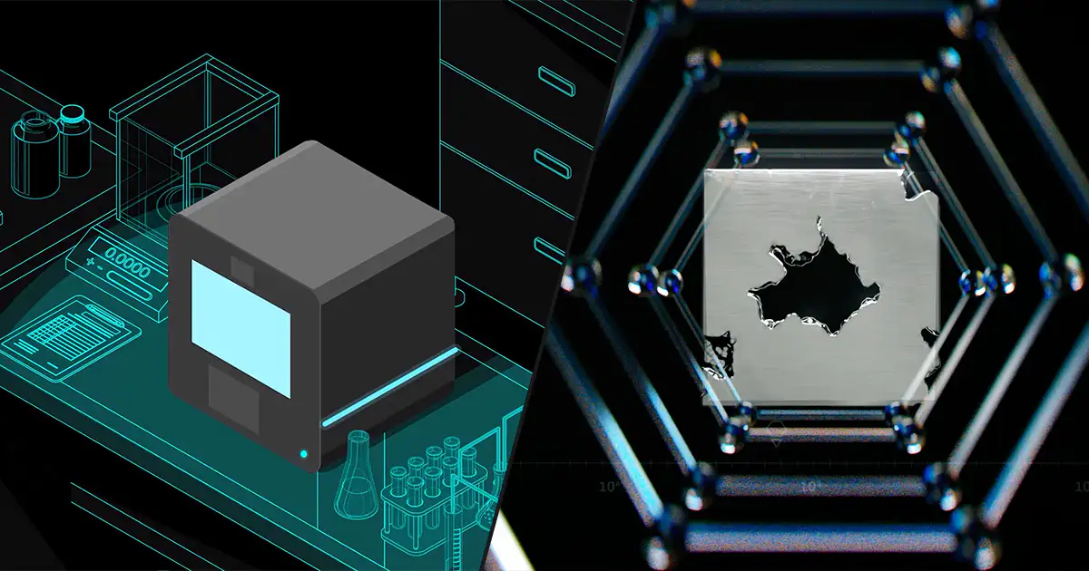 Split comparison showing flat 2D illustration with gears and UI elements on left versus photorealistic 3D render of industrial HVAC equipment on right