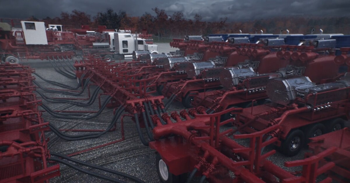 Photoreal 3D animation frame of a hydraulic fracturing fleet with rows of red pump trucks, manifold piping, and a white tractor under a storm sky, rendered by Motion Giraffx