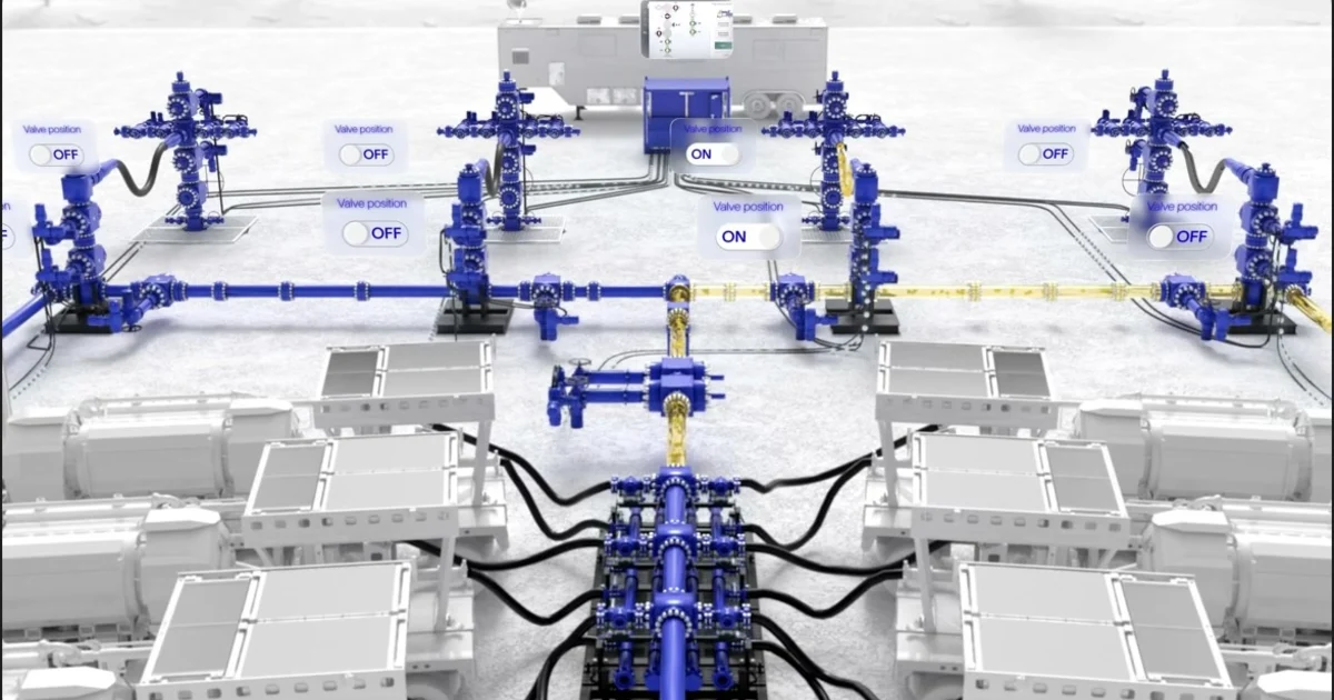 3D animation still of an SLB frac fluid delivery pad with wellheads, telemetry lines, and cloud-connected valve monitoring