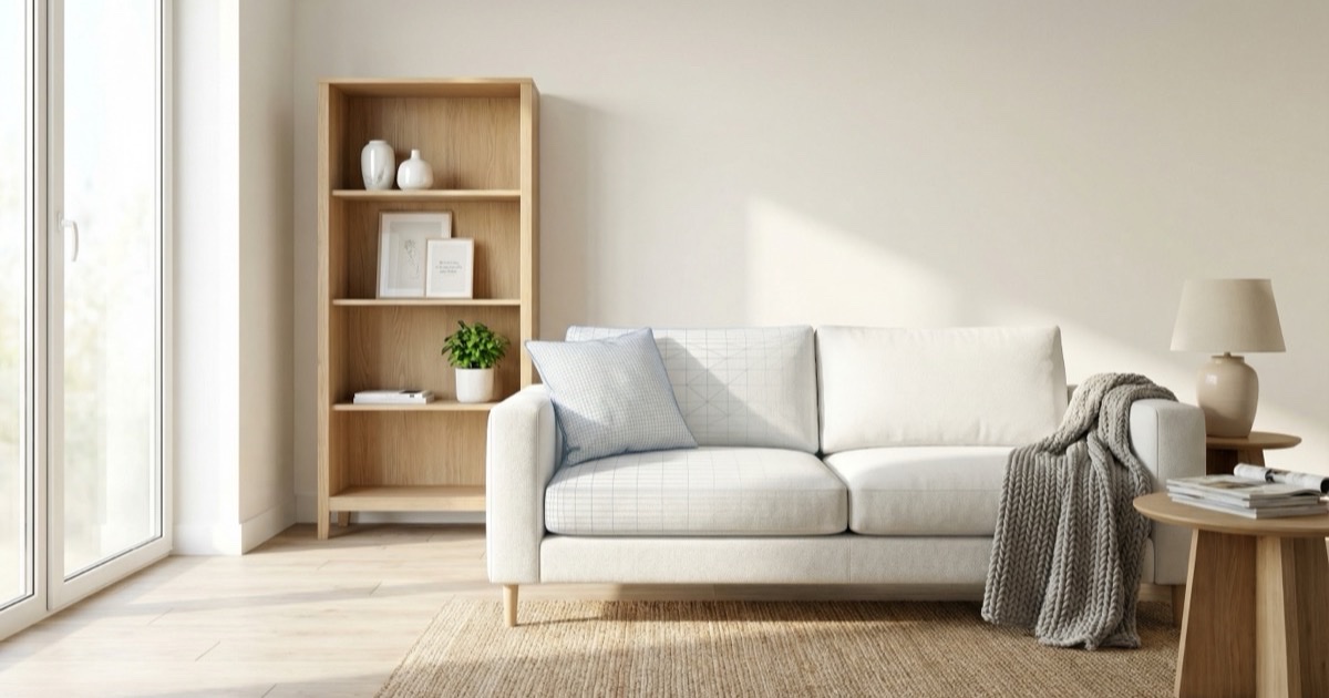 Photorealistic 3D rendered Scandinavian living room with modern sofa and bookshelf showing subtle CGI wireframe overlay, illustrating how product rendering replaces traditional photography