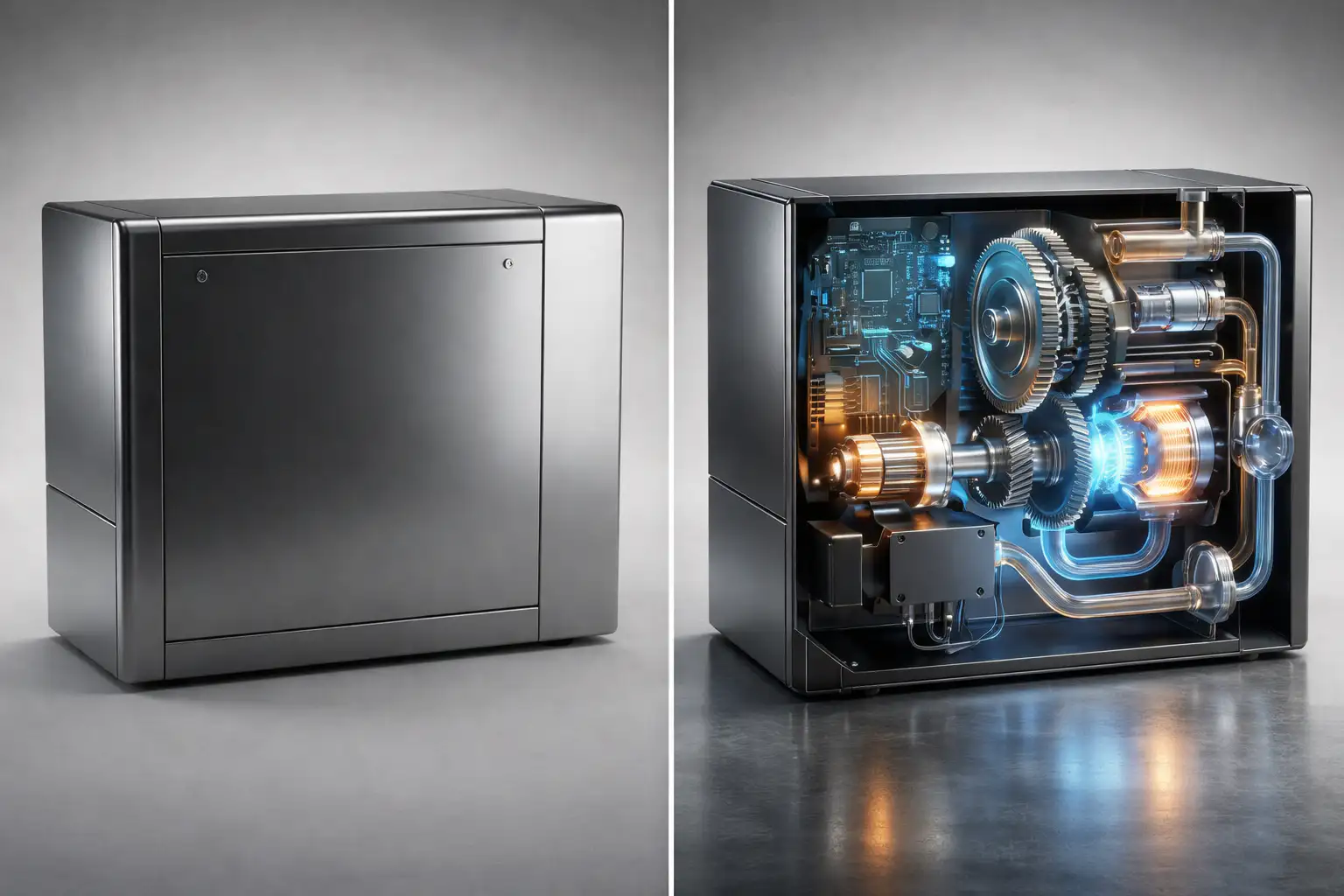 Side-by-side comparison of industrial equipment showing plain metal enclosure exterior on left versus 3D cutaway render on right revealing internal gears, circuit boards, and mechanical components