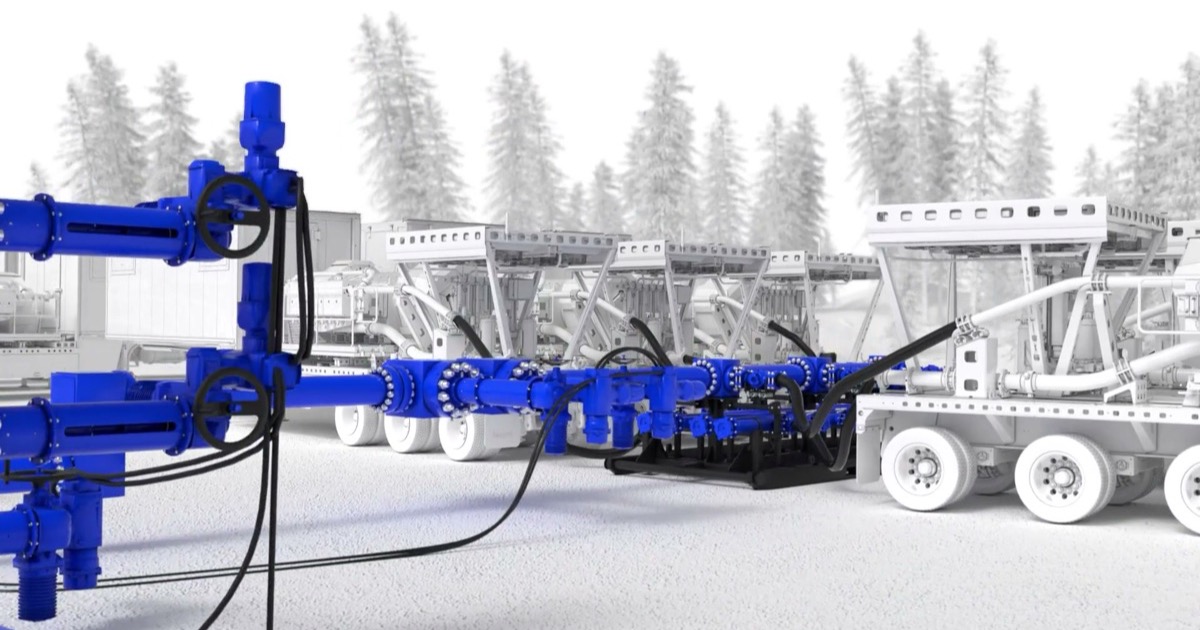 Frame from a 3D technical animation of the SLB Cameron frac fluid delivery system, showing blue valve manifolds and pump trailers built from released CAD geometry