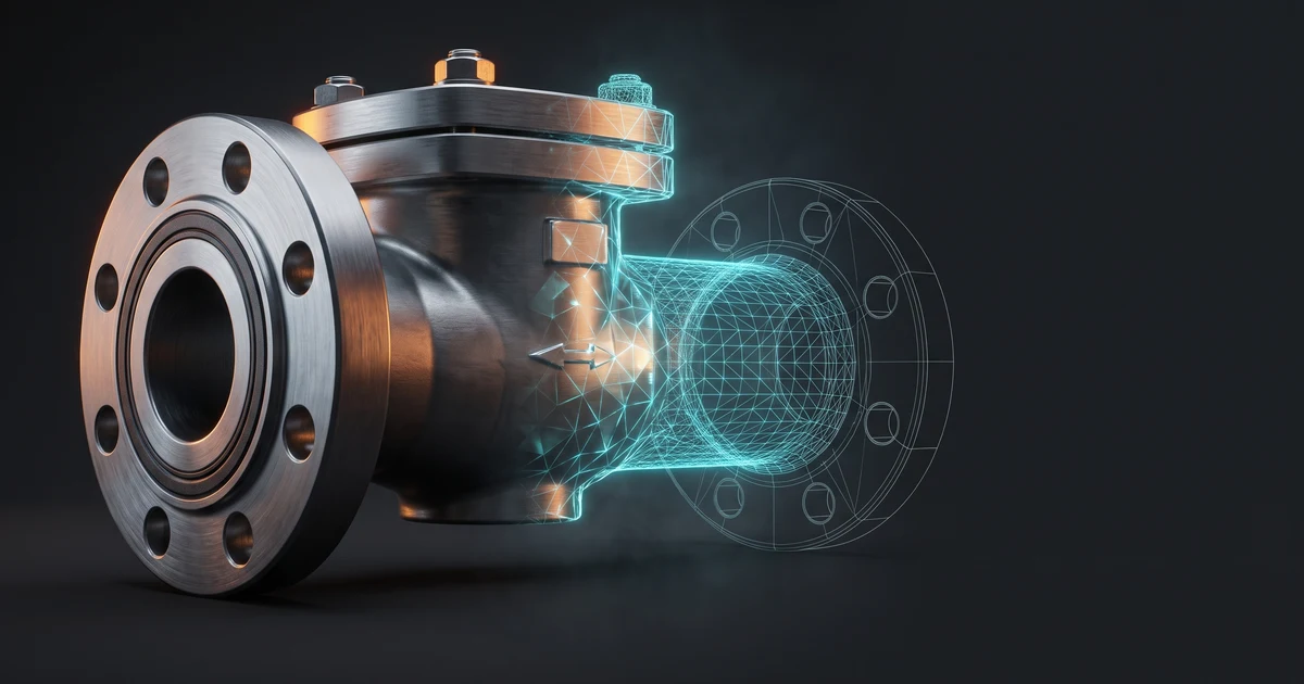 3D render of a flanged steel check valve on a dark background, photorealistic on the left and dissolving into a glowing cyan wireframe on the right, showing the tradeoff between depicting a product accurately and abstracting it