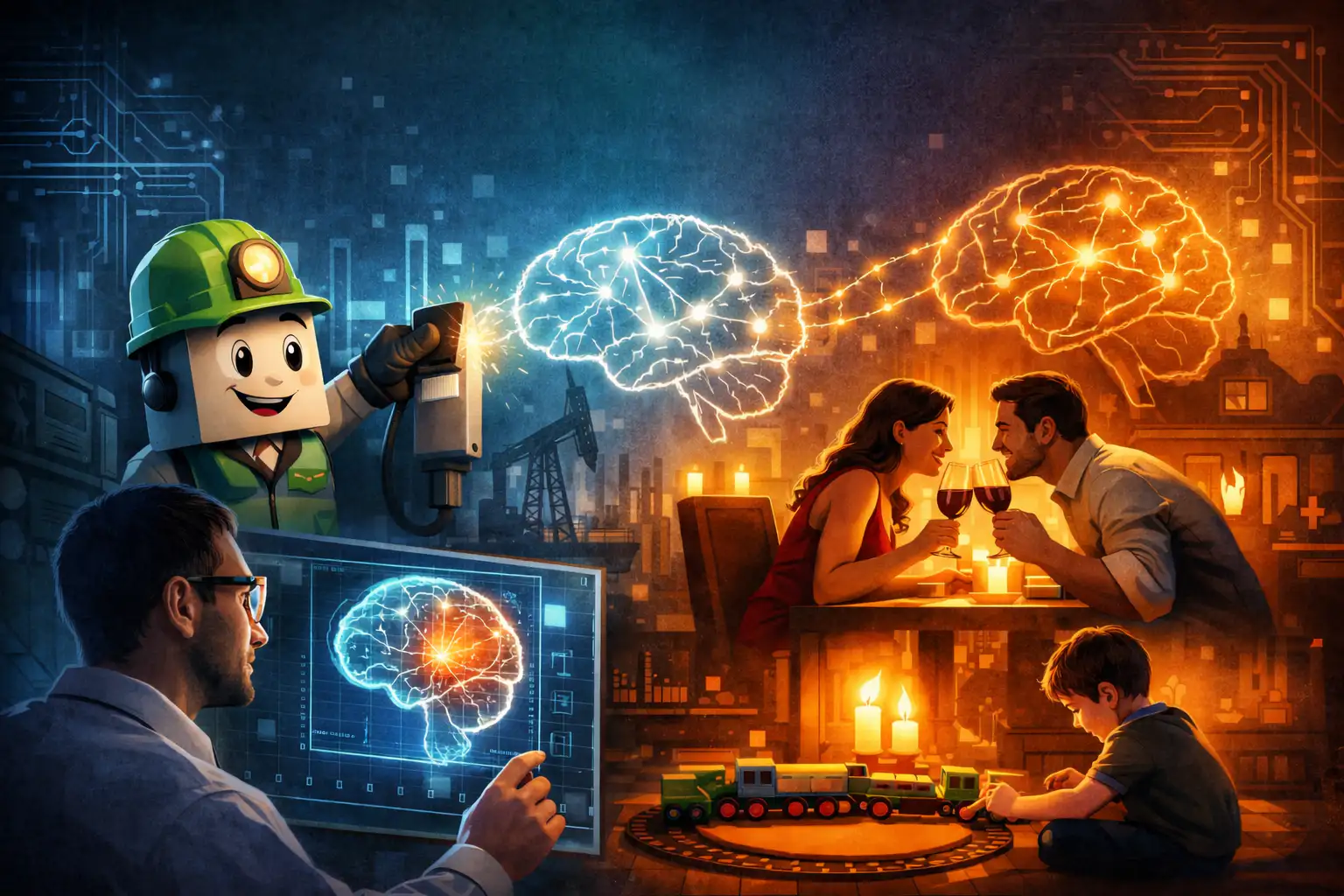 Illustration contrasting technical thinking on left with engineer and brain scan in cool blue tones versus emotional scenes on right with couple and child in warm orange tones, connected by neural imagery