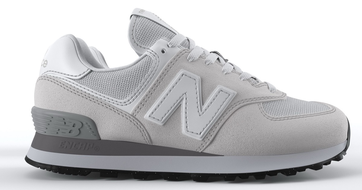 Photorealistic 3D render of a New Balance 574 sneaker showing detailed stitching, suede textures, and rubber sole on a light studio background