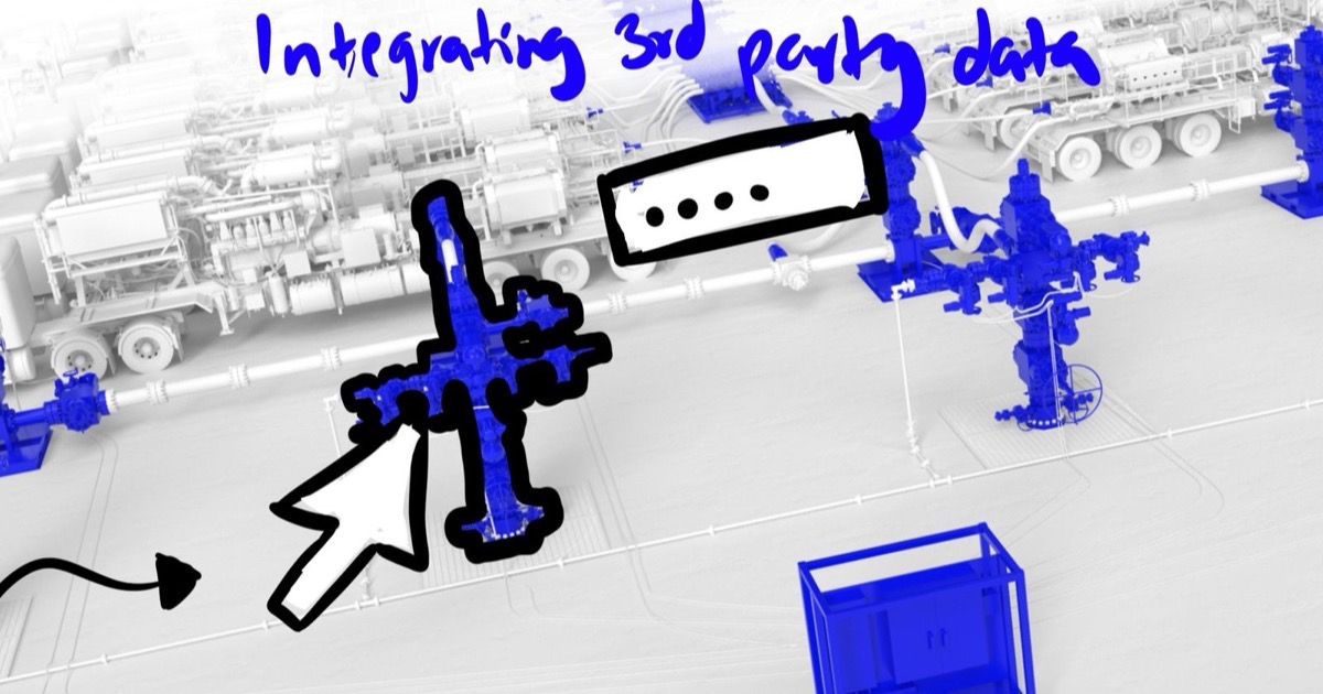 Hand-annotated storyboard frame from the SLB Cameron frac fluid delivery 3D animation, with a wellhead circled and marked up over the 3D frac pad, by Motion Giraffx in Houston
