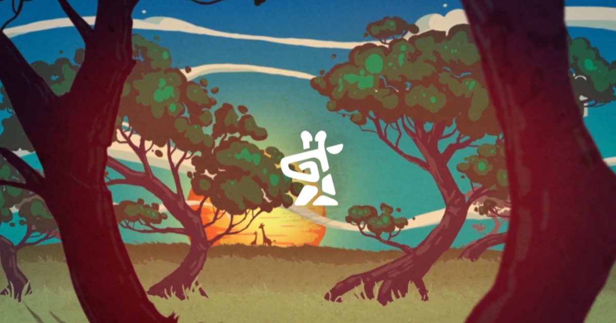 Illustrated 2D motion graphics frame of a savanna sunset with giraffes between trees and the Motion Giraffx logo, from the studio's own animation reel
